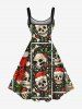 Robe trapèze grande taille à imprimé tête de mort et houx, chapeau de Noël, crâne. - Noir XXS