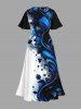 Robe midi trapèze grande taille à imprimé floral et feuilles contrastées, style hawaïen, avec poches fendues. - Bleu Marine 6X