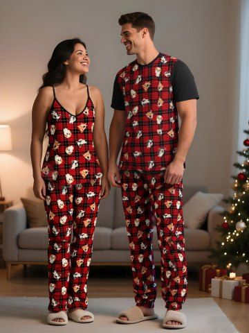 Matching Dog Plaid Christmas Pajamas for Couples Sleepwear Set - RED