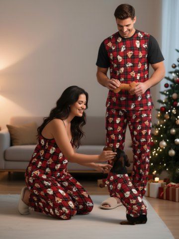 Matching Plaid Puppy Christmas Pajamas Dog And Owner Matching Outfits Sleepwear Set - RED