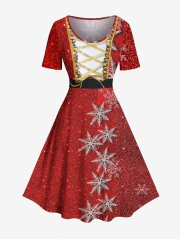 Plus Size Christmas Snowflake Sparkling Sequin Lace Up 3D Print Vintage Dress - RED - M