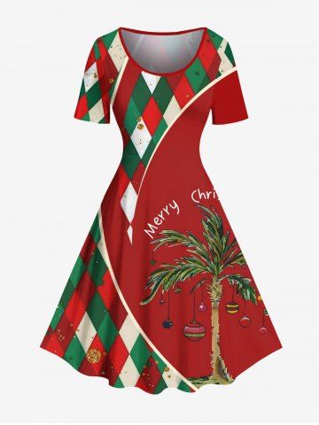Plus Size Christmas Ball Coconut Tree Plaid Print Vintage Dress - RED - M