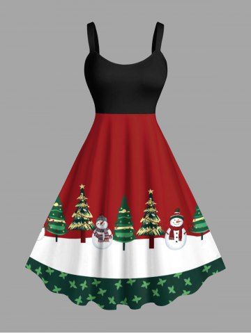 Plus Size Christmas Tree Snowman Colorblock Print Tank Dress - RED - 4X