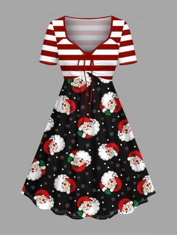 Plus Size Christmas Santa Claus Snowflake Stripes Print Cinched Dress - BLACK - 5X