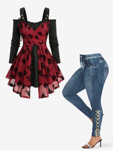 Flower Flocking 2 in 1 Long Sleeves Top and Distressed Ombre Denim Printed Leggings Plus Size Outfit - RED
