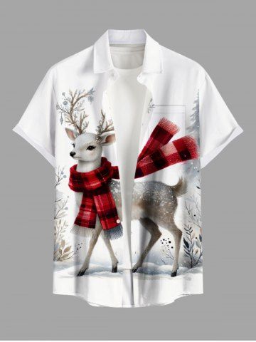 Plus Size Christmas Tree Elk Scarf Print Button Pocket Shirt For Men - WHITE - L