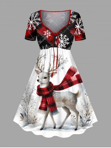 Plus Size Christmas Tree Elk Scarf Snowflake Plaid Print Cinched A Line Dress - WHITE - L