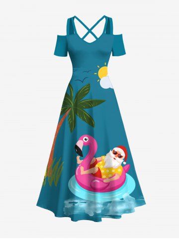 Plus Size Christmas Coconut Tree Santa Claus Swimming Ring Cloud Print Hawaii Cold Shoulder Crisscross A Line Maxi Dress - GREEN - S