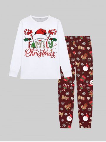Plus Size Men's Christmas Tree Snowflake Gingerbread Hat Candy Letters Print T-shirt and Jogger Pants Pajama Set - RED - L