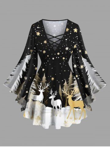 Plus Size Christmas Tree Snowflake Elk Print Lattice Long Sleeves Women T-shirt - BLACK - XS