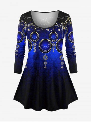 Plus Size Christmas Ball Tassel Floral Print Long Sleeves T-shirt - NAVY BLUE - S