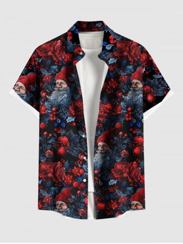 Plus Size Christmas Santa Claus Flowers Leaf Fruit Print Buttons Pocket Shirt For Men - BLACK - 4XL