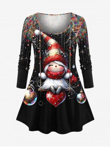 Plus Size Christmas Elf Ball Heart Swing Colorful Feather Print Long Sleeves Women T-shirt - BLACK - S