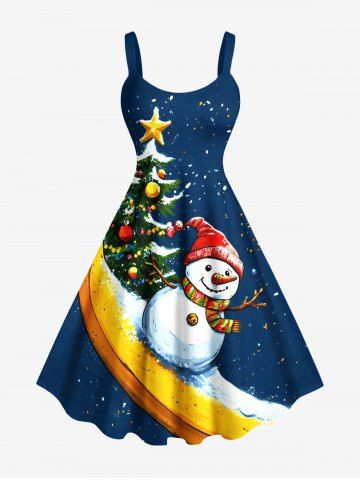 Plus Size Christmas Tree Snowman Banana Galaxy Print A Line Dress - NAVY BLUE - M