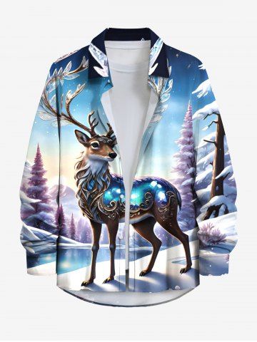 Plus Size Christmas Tree Elk Forest Print Button Long Sleeves Shirt For Men