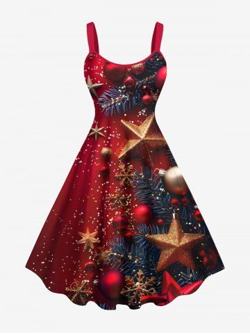 Plus Size Christmas Ball Star Snowflake Print Tank Dress - RED - 2X