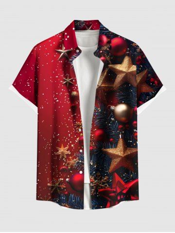 Plus Size Christmas Ball Star Snowflake Print Buttons Pocket Shirt For Men - RED - L