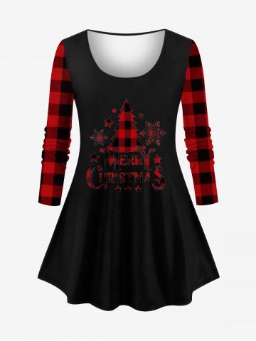 Plus Size Merry Christmas Tree Star Snowflake Plaid Print Long Sleeves T-shirt - BLACK - 1X