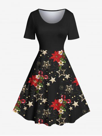 Plus Size Christmas Flowers Star Snowflake Print Vintage Dress - BLACK - S