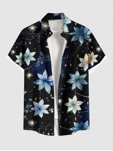 Plus Size Flower Insect Print Hawaii Button Pocket Shirt For Men - BLACK - L
