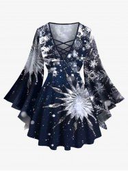 T-shirt grande taille à manches évasées croisées, imprimé 3D flocons de neige et galaxie, motif treillis et flocons de neige. - Bleu Marine 6X