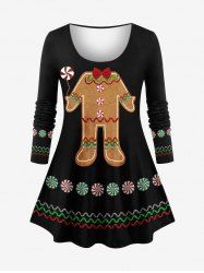 T-shirt à manches longues grande taille imprimé de bonbons au pain d'épice de Noël - Noir 1X