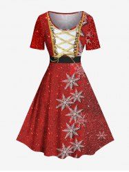 Robe vintage grande taille à imprimé flocons de neige, sequins scintillants et lacets, style flocons de neige ... - Rouge 5X