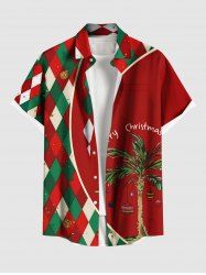 Plus Size Christmas Ball Coconut Tree Plaid Print Buttons Pocket Shirt For Men -  