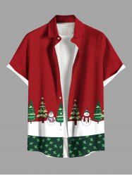 Plus Size Christmas Tree Snowman Colorblock Print Buttons Pocket Shirt For Men -  