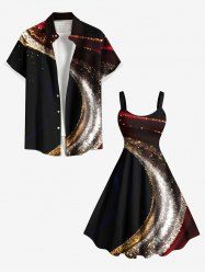Christmas Curve Glitter Light Beam Print Plus Size Matching Outfit For Couples -  