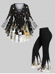 Ensemble grande taille composé d'un t-shirt à manches longues et d'un pantalon évasé pour femme, imprimé sapin de Noël, flocons de neige et élans. - Noir 