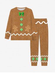 Ensemble pyjama homme grande taille : T-shirt et pantalon de jogging imprimé nœud papillon et pain d'épice, motif Noël. - Brun Légère S