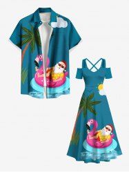 Christmas Coconut Tree Santa Claus Swimming Ring Cloud Print Plus Size Matching Outfit For Couples -  