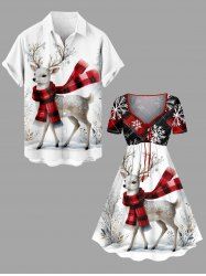 Christmas Tree Elk Scarf Snowflake Plaid Print Plus Size Matching Outfit For Couples -  