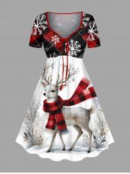 Robe trapèze cintrée grande taille à imprimé sapin de Noël et élans, écharpe à carreaux et flocons de neige - Blanc S