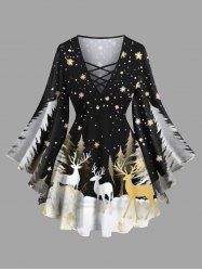 T-shirt à manches longues pour femme, grande taille, imprimé sapin de Noël, flocons de neige et élans. - Noir 1X