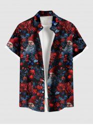 Chemise de Noël grande taille pour homme, imprimé Père Noël, fleurs, feuilles et fruits, boutons et poche. - Noir 5XL