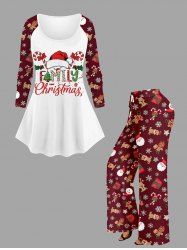 Christmas Tree Snowflake Gingerbread Print T-shirt and Wide Leg Pants Women Pajama Plus Size Matching Set -  