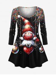 T-shirt à manches longues pour femme, grande taille, motif lutin de Noël, boule, cœur et balançoire, imprimé plumes colorées - Noir 2X