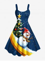 Robe trapèze grande taille imprimée sapin de Noël, bonhomme de neige et banane galaxie - Bleu Marine 5X