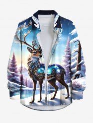 Plus Size Christmas Tree Elk Forest Print Button Long Sleeves Shirt For Men - Bleu Ciel XL