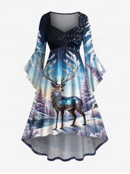 Plus Size Christmas Tree Elk Forest Print Ruched High Low Asymmetric Dress - Bleu Marine 4X