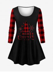Plus Size Merry Christmas Tree Star Snowflake Plaid Print Long Sleeves T-shirt -  