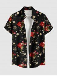 Chemise à boutons et poches pour homme, grande taille, imprimé fleurs de Noël, étoiles et flocons de neige. - Noir 4XL