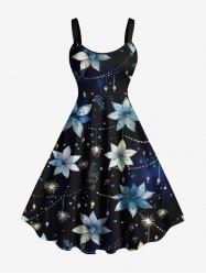 Plus Size Flower Insect Print Hawaii A Line Dress -  