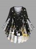 Ensemble grande taille composé d'un t-shirt à manches longues et d'un pantalon évasé pour femme, imprimé sapin de Noël, flocons de neige et élans. - Noir 