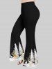 Ensemble grande taille composé d'un t-shirt à manches longues et d'un pantalon évasé pour femme, imprimé sapin de Noël, flocons de neige et élans. - Noir 
