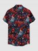 Chemise de Noël grande taille pour homme, imprimé Père Noël, fleurs, feuilles et fruits, boutons et poche. - Noir 5XL