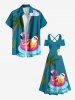 Robe longue grande taille à imprimé hawaïen, cocotier, Père Noël, bouée et nuages, épaules dénudées et croisée, style trapèze. - Vert M
