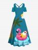 Robe longue grande taille à imprimé hawaïen, cocotier, Père Noël, bouée et nuages, épaules dénudées et croisée, style trapèze. - Vert M